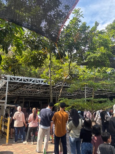 In Cileduk, Indonesia, a group of people are standing in a line outdoors, potentially waiting for an attraction or service. The scene is partially shaded by a black mesh canopy overhead and surrounded by lush green trees. In the background, a multi-tiered, open-air structure with a metal framework is visible. Several individuals are dressed in casual clothing, with some wearing hijabs. The ground is paved with reddish-brown bricks.