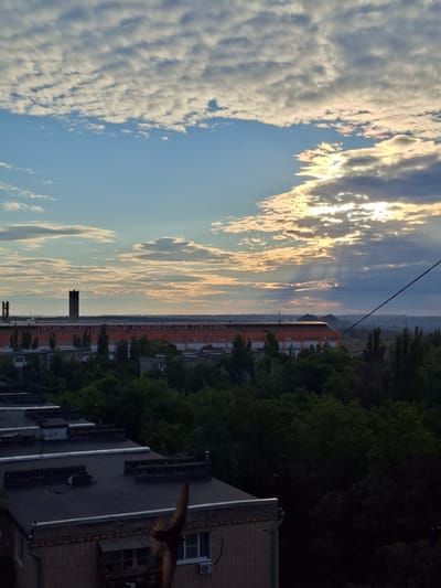 This is a high-angle, full outdoor shot of a city landscape under a cloudy sky, likely taken at dusk. The image prominently features a large, industrial building with orange siding and the words "ПРОИЗВОДСТВЕННЫЙ КОМПЛЕКС БТК ТЕКСТИЛЬ" (Production Complex BTK Textile) written on its facade in white lettering. A tall, dark, rectangular smokestack stands to the left of the building. In the foreground, there are several flat-roofed, multi-story apartment buildings with dark roofs and brick exteriors. A wire hangs across the upper right of the frame. The scene is partially obscured by dense green trees that form a thick canopy between the apartment buildings and the industrial complex. In the sky, clouds are breaking up to reveal rays of sunlight, suggesting the sun is low on the horizon. A bird is in flight in the lower-center part of the image, captured mid-flight. The overall impression is an urban environment with a mix of residential and industrial structures set against a dramatic sky.