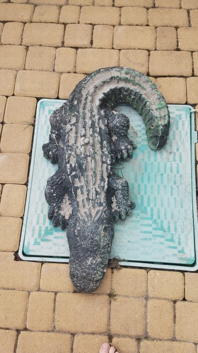 The image shows a concrete alligator statue laying on a light blue, square utility access cover. The cover is surrounded by beige paving stones. A small portion of a person's foot is visible in the lower right corner. The scene is outdoors and appears to be a residential or garden area. The exact location within Khmilnyk, Ukraine, cannot be determined from the image.