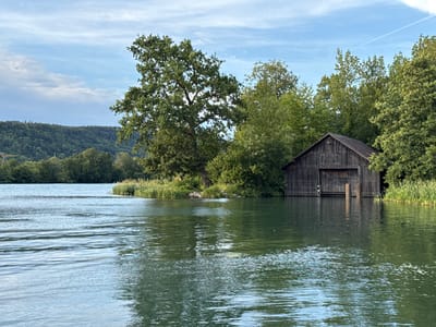 The image depicts a serene lake scene, likely in Kaiseraugst, Switzerland, given the context. A wooden boathouse with a gabled roof and vertical plank siding stands on the right bank, partially submerged by the calm, green water. The boathouse has large double doors, suggesting it's designed to store boats. Dense green trees and reeds surround the boathouse and line the shore. In the distance, a tree-covered hill forms the backdrop. The sky above is a mix of blue with scattered white clouds, and a faint contrail is visible. The water's surface is slightly rippled, reflecting the surrounding greenery and the sky. No people or animals are visible in the frame.