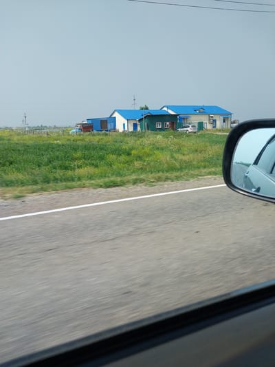 The media file depicts a scene from a vehicle moving along a road, as indicated by the blurred asphalt and the reflection in the car's side mirror. The perspective is from inside the vehicle, looking out towards the right side. The main subjects are a row of buildings with bright blue roofs, situated next to a grassy field. These buildings appear to be houses or small structures, some with white or light-colored walls and visible windows. A small white car is parked in front of one of the buildings. Electrical poles and wires are visible in the distance, suggesting a rural or semi-rural setting. The time of day appears to be daytime, with bright, even lighting and a clear, pale sky, possibly indicating a slightly overcast or hazy day. The overall atmosphere is calm and ordinary, with no specific event or activity clearly depicted beyond the act of driving and passing by these buildings. The location is identified as Novotyryshkino, Russia. There is no visible text within the image.