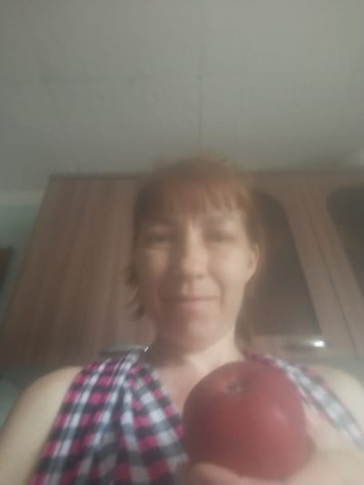This blurry and low-resolution photograph, originally rotated 90 degrees clockwise, depicts an individual holding a red apple in an indoor setting. The person, viewed from the chest up, has short, light brown or reddish hair and appears to be looking towards the camera with a faint smile. They are wearing a top with a distinctive pink, black, and white plaid pattern. A bright red apple is held in their left hand. The background includes wooden furniture, possibly a cabinet, behind the person, and a plain light-colored wall to their right. The overall scene suggests a casual, personal moment captured indoors. No specific time of day, weather conditions, or textual information are discernible from the image. Due to the blurriness, specific facial features or emotions beyond a faint smile are difficult to ascertain. There are no visible cues relating to the specified location of Бородулиха ауылдық округі, Kazakhstan.