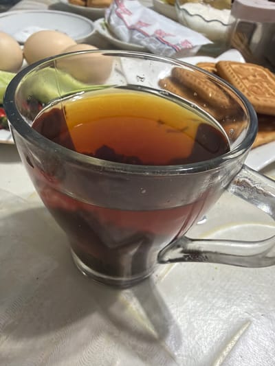 A close-up, eye-level shot shows a transparent glass mug filled with dark tea. The mug has a clear glass handle. In the background, several items are visible, including what appear to be eggs, some sliced cucumber or avocado, a bowl of yogurt or cream, and a stack of square-shaped cookies. The scene is set on a white, textured surface, possibly a tablecloth. The lighting suggests an indoor setting, likely a breakfast table in Aleksandrovka, Kyrgyzstan.