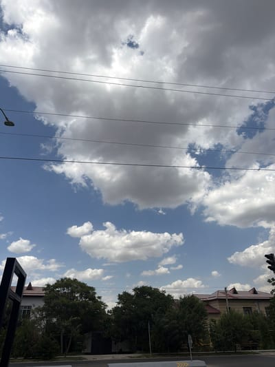 This is an outdoor, eye-level, vertical shot of a street scene in Tukaytepa, Uzbekistan. The sky is a mix of blue and white, with dramatic, puffy clouds. Power lines stretch horizontally across the frame, dividing the sky. A streetlamp is visible on the left side of the image. Below the sky, rooftops of buildings are visible, along with several large, green trees. The buildings appear to be residential, with tiled roofs. The overall impression is of a slightly overcast day in a suburban or semi-urban area.