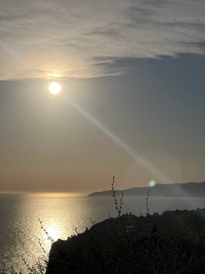 The image depicts a serene sunset over the sea, viewed from a hillside overlooking Donji Katun, Montenegro. The sun, partially obscured by thin clouds, casts a brilliant golden reflection across the water. The coastline stretches into the distance, with rolling hills covered in dark silhouettes of trees and vegetation in the foreground. The sky transitions from a warm, hazy orange near the horizon to a cooler gray overhead, with wispy clouds adding texture. There are no people or discernable man-made structures in the immediate scene, creating a natural and tranquil atmosphere. The overall impression is one of peaceful, natural beauty at dusk.