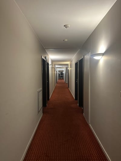 A long, narrow hallway stretches into the distance, illuminated by ceiling lights. Doors line both sides, some with black details. The left wall is painted white, featuring smoke detectors. The right wall is covered in a patterned red carpet. The hallway perspective creates a sense of depth and infinity.
