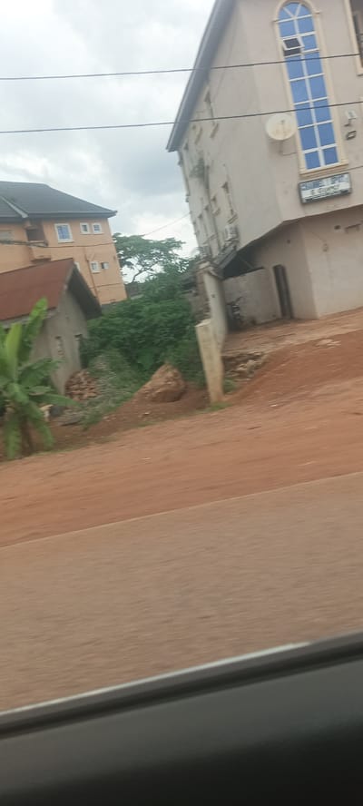 The image depicts a street scene in Ozalla, Nigeria. The foreground consists of a reddish-brown dirt road, partially obscured by the vehicle's window frame from which the photo was taken. Adjacent to the dirt road is a grassy area with a small banana tree and scattered debris. Behind this lies a cluster of greenery, potentially shrubs or small trees.
In the background, there are several buildings. To the left, a peach-colored building with a dark gray roof is visible. To the right, a taller, light-colored building with a large arched window featuring blue panes is present. A satellite dish is mounted on its side. A sign reading "SHANNEL SPOT E. GUEST" is partially visible.