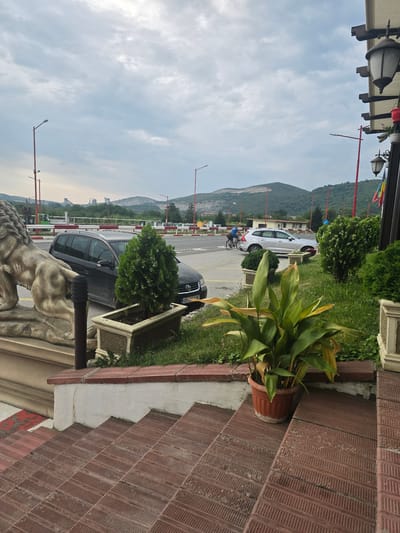 The image depicts an outdoor scene in Zlatna Panega, Bulgaria, characterized by a cloudy sky and rolling hills in the background. In the foreground, a set of red brick stairs leads up to a building. A large, beige lion statue is positioned on the left side of the stairs, near a potted evergreen tree. A dark-colored station wagon is parked on the right side of the road, to the right of the lion statue. Further to the right, a silver SUV is parked, and a person is riding a bicycle past it. Green bushes and trees are scattered throughout the scene. The area appears to be a roadside location, possibly a restaurant or a public space, with a road, traffic lights, and distant industrial structures visible.