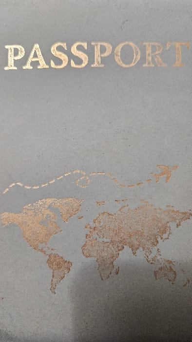 A passport cover features the word "PASSPORT" vertically in gold lettering. Beside it, a simplified map of the world is etched in a similar gold tone, showing landmasses and an airplane flying a dotted, curved path. The background has a grey, textured appearance, resembling a concrete or stone surface. The overall aesthetic is minimalist and evokes a sense of travel and exploration.