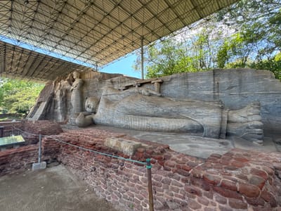 The image shows the Gal Vihara rock temple in Polonnaruwa, Sri Lanka. It is an ancient site with several large Buddha statues carved into the face of a large granite boulder. There's a reclining Buddha statue and a standing Buddha statue. The site is covered by a large metal roof to protect the statues from the weather. A low brick wall surrounds the base of the statues with metal posts connected by rope. Trees are visible beyond the temple structure, and the sky is visible through the foliage.