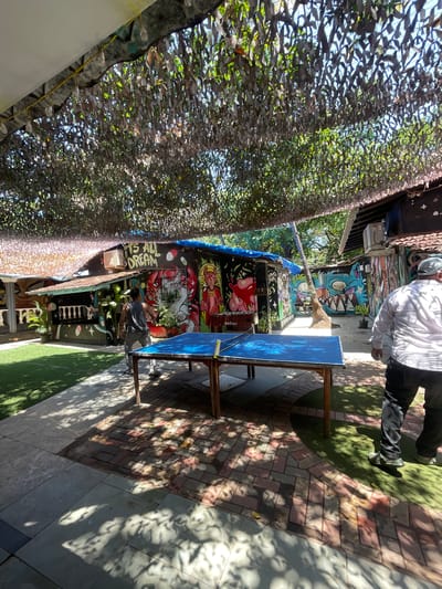 The image depicts an outdoor recreational area adorned with vibrant graffiti art. In the foreground, a blue ping pong table is set up on a paved area. To the right of the table, a person wearing a white shirt and dark pants is walking away from the camera. To the left of the table, another person in a gray tank top and pants stands near the table. The background features a building covered in colorful graffiti, with visible plants and trees. Above the scene, a camouflage-like netting or canopy is suspended, casting dappled shadows. The environment suggests a public space, possibly a cafe or hostel, in Vagator, India, given the style of graffiti and the outdoor setting.