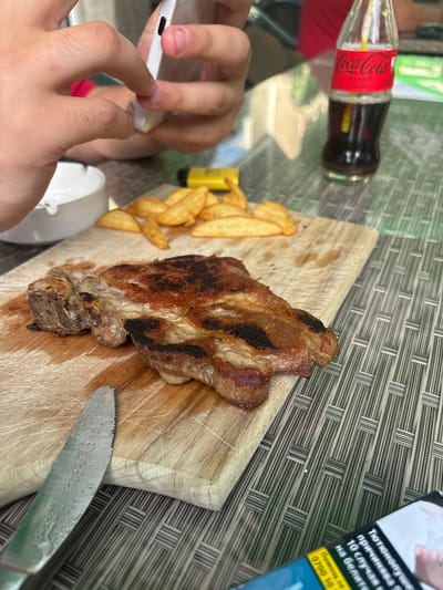 A high-angle shot captures a dining scene, likely outdoors, in the city of Dobrovnitsa, Bulgaria. On a woven, textured surface, a wooden cutting board presents a seared pork chop, accompanied by golden-brown potato wedges. A serrated knife rests next to the meat. A bottle of Coca-Cola is visible. In the foreground, a person's hands hold a white smartphone. A cigarette package is also visible in the background.