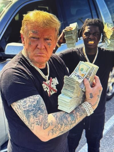 The image shows two men, one in the foreground and one in the background, in front of a vehicle. The man in the foreground has blonde hair styled in a comb-over, extensive facial tattoos, and is wearing a black t-shirt, a large diamond-encrusted chain with a cross pendant, and a diamond bracelet. He is holding several stacks of US hundred-dollar bills. His arms are covered in tattoos. The man in the background has dark hair and is wearing a black t-shirt and a diamond chain. He is also holding stacks of US hundred-dollar bills and has gold grills on his teeth. The environment appears to be an outdoor urban setting, possibly a parking lot, with a paved surface and the side of a vehicle visible. There is no indication or visual information that places this scene in the city of Shcherbanka, Ukraine.