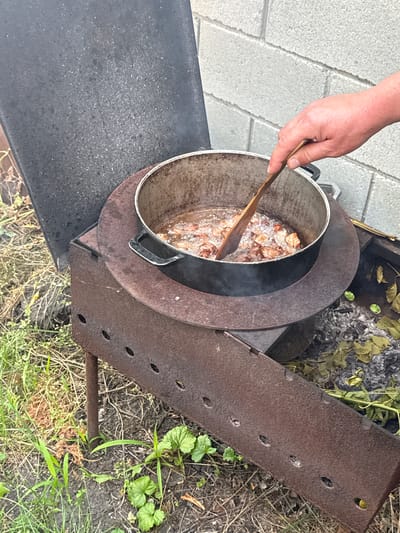 A close-up overhead shot shows a person's hand holding a wooden spatula, stirring pieces of meat in a metal pot. The pot sits on a rustic, dark metal grill. The grill appears weathered and has several oval-shaped openings along one side. Beyond the grill, dry grass, dirt, and a few green plants are visible, suggesting an outdoor setting. The ground to the left of the grill is paved with grey rectangular stones. The scene is illuminated by natural light, suggesting it is daytime, and there are no indicators of specific weather conditions. The activity appears to be cooking, likely outdoors. No text is visible in the image. The overall impression is one of a casual, perhaps rustic, outdoor cooking preparation.