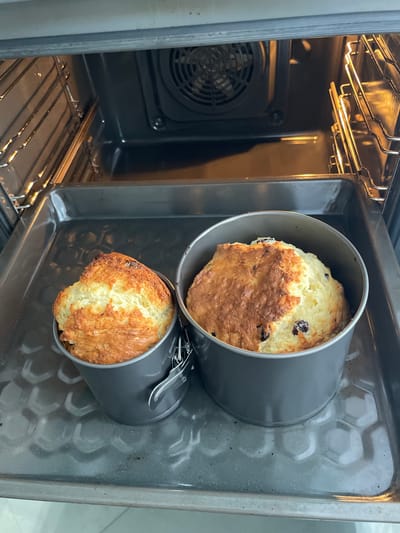 Two baked goods in gray springform pans sit on a gray baking sheet inside an oven. The oven's heating element is glowing, and the fan is visible in the back. The inside of the oven is black. The baking sheet has a textured surface. The baked goods are golden brown with a light interior. The location is indoors, possibly in a kitchen in Лесной Пейзаж Кп (шарапово, Russia, though this is not verifiable from the image.