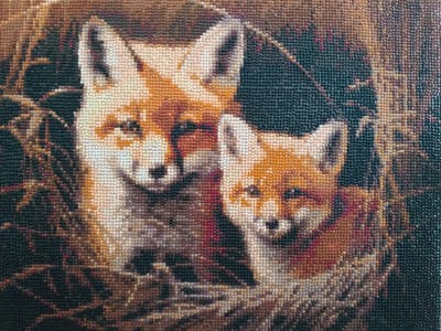 This media file is a close-up, pixelated image of a diamond painting depicting two foxes nestled together in what appears to be a den. The foxes, rendered in shades of orange, white, and brown, are the central subjects. The larger fox is positioned in the foreground, facing forward with its ears perked. A smaller fox is nestled beside it, looking towards the viewer with its eyes partially closed, suggesting a sense of comfort or sleepiness.

The background is a textured mix of dark greens, browns, and hints of red, creating a sense of depth and suggesting an environment of foliage or earth. The overall impression is one of warmth and closeness, with the foxes appearing to be in a safe and cozy setting. The time of day and weather are not discernible. The location context is Lesnyye Polyany, Russia, but this is not visually evident within the image itself. There is no visible text in the image.