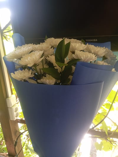 A bouquet of white chrysanthemums is displayed in a blue paper wrap. The bouquet is positioned in front of a dark surface that has the word "TOSHIBA" printed on it, suggesting it might be a screen or electronic device. The background shows an outdoor scene with bright sunlight filtering through green foliage. To the left of the bouquet, a wooden post with a white electrical outlet is visible. The overall scene suggests an outdoor setting, possibly a yard or balcony, in the city of Pivdennoukrainsk, Ukraine.