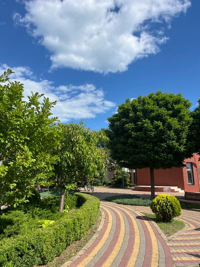 The image depicts a sunny day in Kryzhanivka, Ukraine, featuring a park-like setting with a paved walkway and lush greenery. The walkway is paved with interlocking bricks in a pattern of red, yellow, and gray, curving through the scene. On the left, a dense, manicured green hedge lines the path, with a large, leafy tree behind it. To the right of the walkway, a large, round, green shrub is planted. Further into the scene, a large, leafy green tree stands prominently, casting a shadow on the path. Behind the trees, a red brick building with white-trimmed windows is visible, along with a wooden bench on the right side of the walkway. A person is seated on a bench in the background, next to a bicycle. The sky above is a vibrant blue, dotted with fluffy white clouds. The environment suggests a well-maintained public space, possibly a park or the grounds of a residential complex in Kryzhanivka.