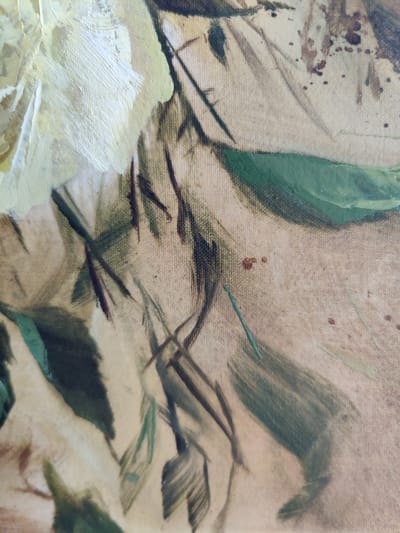 The image is a close-up of an oil painting on canvas. The painting features abstract brushstrokes in shades of cream, yellow, green, and brown, with some speckling. The texture of the canvas is visible through the paint. There are no people, animals, or identifiable objects in the image. The painting does not depict any recognizable landmarks or elements of the city of Rybnitsa, Moldova.