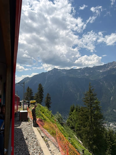 The image depicts a scenic view from a train in Chamonix-Mont-Blanc, France. The train, with its red exterior visible in the foreground, is stationary at a station. A person is standing on the platform next to the train tracks, wearing a hat and work attire. Behind the platform, an orange safety net delineates the edge of the track.
The backdrop is a dramatic mountain landscape under a partly cloudy sky. Majestic, dark-hued mountains dominate the background, their slopes covered in dense green trees. Patches of snow are visible on the higher reaches of the mountains, suggesting significant elevation. The sky is a vibrant blue, dotted with fluffy white clouds, indicating fair weather and likely daytime.
The overall scene evokes a sense of travel and adventure, with the train providing a mode of transport through this breathtaking natural environment. The juxtaposition of the man-made train and infrastructure with the raw beauty of the Alps creates a compelling visual. The image appears to have been taken on a clear, sunny day. No visible text is present in the image.