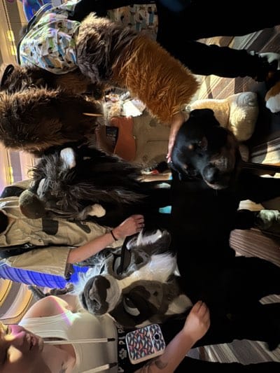 A partially visible individual is holding a black dog. The dog is lying on the floor amidst several furry objects, possibly related to costumes or fursuits. The environment seems to be indoors, likely in a home or workshop setting. This event appears to be taking place in Atlanta, United States.