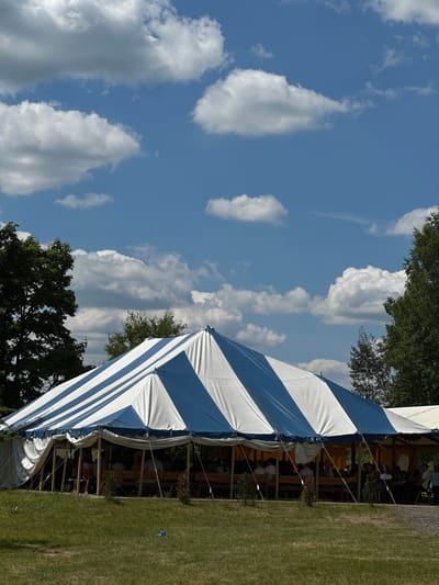 A large, striped blue and white tent is set up on a grassy field under a partly cloudy blue sky. The tent has a peaked roof with alternating blue and white panels and is supported by poles. The sides of the tent are open, revealing people sitting on benches inside. Trees are visible on either side of the tent, with one large tree to the left and smaller trees and foliage to the right. The foreground is a green, mowed lawn with a small blue object visible in the lower middle. The scene appears to be outdoors, possibly at an event or gathering, in a rural setting.