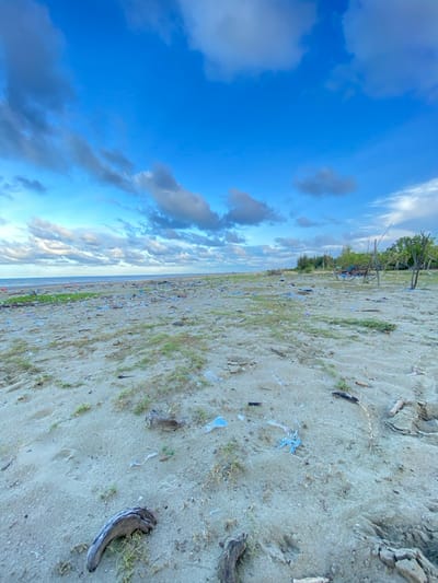 A wide-angle, low-elevation photograph captures a heavily littered sandy beach in Kualaidi, Indonesia. The foreground and midground are dominated by light-colored sand, extensively covered with various plastic debris including bottles, bags, and fragments, alongside scattered pieces of driftwood and sparse green vegetation. The ocean, appearing dark blue-grey, is visible to the left, meeting the polluted shoreline with a subtle surf. Towards the right, the beach gives way to an area of green foliage, including some partially defoliated trees. The sky above is bright blue with scattered cumulus clouds, varying in color from white to darker grey. No individuals are present. The scene is static.