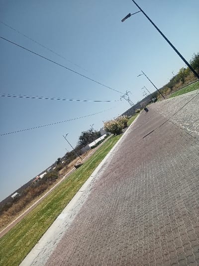 The image displays an outdoor scene in La Venta, Mexico, under a clear, light blue sky, captured with a leftward tilt. A wide, light reddish-brown paved road, composed of interlocking paver blocks, occupies the right side of the frame, receding into the distance. A concrete curb delineates the road from a parallel strip of manicured green grass on its left. Beyond this grassy strip, a dry, yellowish-brown terrain with sparse vegetation extends, featuring distant structures and utility infrastructure. Multiple thin, dark utility lines span horizontally across the upper left sky. A prominent black streetlight pole with a horizontal luminaire is positioned in the far right foreground. Additional similar streetlights line the left edge of the paved road, receding along the grassy strip. In the mid-ground, a metal lattice-work power pylon is partially visible on the left, amidst natural vegetation. A cluster of light-colored, bushy shrubs is present in the central-left area. An unidentifiable dark object rests on the paved road in the mid-distance. No human subjects are discernible.