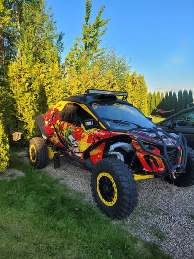 The image depicts a red, yellow, and black off-road vehicle parked on a gravel surface adjacent to a grassy area. The vehicle has a custom paint job featuring a character resembling The Joker. The background includes trees and a clear blue sky. The location is in Пятрышкаўскі сельскі Савет, Belarus.