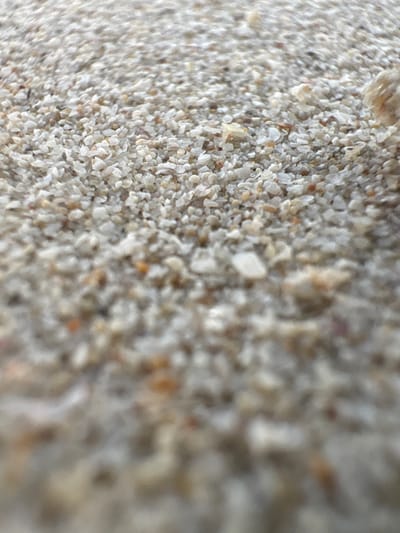 The image is a close-up, shallow depth of field photograph of beach sand. The sand is composed of small, granular particles of varying shades of white, beige, and light brown, with some flecks of orange or red. The texture appears rough and uneven. The focus is on the sand in the foreground and middle ground, with the background becoming increasingly blurred. There are no visible people, objects, or discernible environmental features that would indicate a specific location within the city of Ajman, United Arab Emirates. The scene is solely focused on the granular composition of the sand.