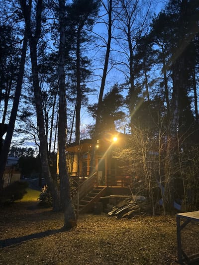 This image shows a residence in Baltezers, Latvia, at dusk. The dwelling is visible through a screen of tall, thin trees with bare branches reaching into a blue-grey sky. A lit exterior light casts a warm glow on the building, highlighting wooden siding and what appears to be a small deck with steps. Discarded building materials are visible near the house. The ground cover appears to be a mix of grass and fallen leaves. The image's angle suggests it was taken from a low vantage point, potentially from ground level. The photograph portrays a rural or suburban scene with a focus on the house illuminated against the darkening environment.