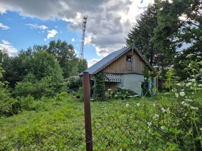An overcast day with scattered clouds and patches of sunlight illuminates a wooden house in Машезеро, Russia. The house, with a metal roof and weathered wooden siding, features a small window on the upper level and a porch with decorative trim. Climbing vines adorn the side of the structure. In the background, a tall metal transmission tower stands against the sky, surrounded by lush green trees and foliage. A chain-link fence runs across the foreground, partially obscuring a patch of wild white flowers and tall green grass.
