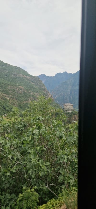 This media file depicts a mountainous landscape with lush green vegetation in the foreground. The image is oriented vertically, suggesting it was taken with the camera held sideways. A weathered stone building, possibly a historical fortification or ruin, is visible perched on the mountainside in the mid-ground. The building has multiple levels and appears to be constructed from rough-hewn stone blocks.
The mountains themselves are covered in dense green foliage, with some rocky outcrops visible. The sky is overcast and appears pale. The foreground is dominated by the branches and leaves of trees, with some of the leaves appearing broad and lobed, suggesting a deciduous species. The overall impression is one of a natural, somewhat wild setting, perhaps during the daytime given the ambient light.
The location context provided places this scene in Verrès, Italy. This information, combined with the presence of the stone building on the mountain, could suggest a historical site or a scenic viewpoint in that region. There is no visible text in the image. The composition and subject matter do not clearly indicate any specific activity or event taking place beyond the passive observation of the landscape. The mood conveyed is serene and possibly historical, given the ancient-looking structure.