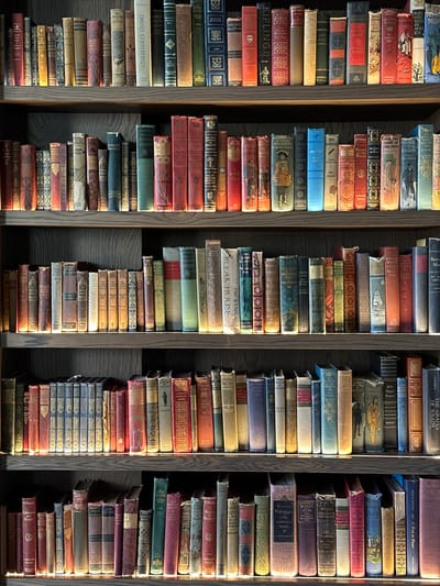 The image displays a bookshelf filled with rows of stacked antique books. The spines vary in color, featuring shades of red, blue, green, and gold. Prominent titles visible include "DAVID COPPERFIELD," "KIPLING," "BLEAK HOUSE" by Dickens, and "THE GRAPES OF WRATH." The books are closely packed, showing wear and age. Light shines unevenly, creating shadows and highlighting textures on the book covers.