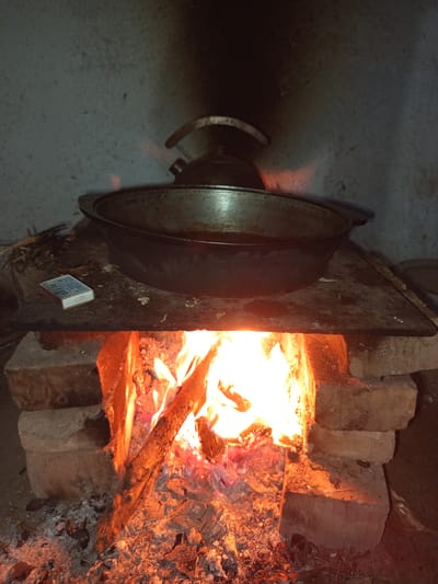 A cooking pot sits on a makeshift stove constructed from bricks, with a fire burning underneath. A box of matches is visible on the stovetop. The background is a rough, textured wall. The scene appears to be outdoors, possibly in Poltavka, Kyrgyzstan.