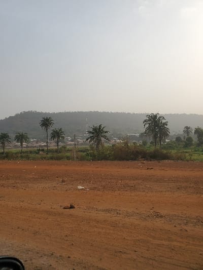 This image depicts an outdoor landscape within Koton Karifi, Nigeria, captured under a pale, hazy sky. The foreground is comprised of reddish-brown, unpaved earth, featuring visible tracks and sparsely scattered debris, including a white plastic bag and a dark, amorphous object. A band of green foliage, prominently featuring several tall palm trees, traverses the midground. Behind this vegetation, low-rise structures of a settlement are faintly visible, with a slender communication mast rising above the treeline on the left side. The background is dominated by a substantial, tree-covered hill range that recedes into the atmospheric haze. A segment of a vehicle's side mirror is visible in the bottom-left corner of the frame. No individuals are present.