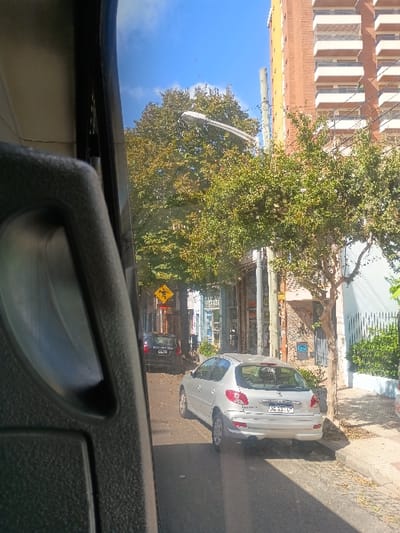 The image shows a view from inside a bus, looking out the window. The bus is traveling on a street in the city of Victoria, Argentina, at the coordinates -34.452 latitude and -58.54 longitude.  A silver Peugeot 206 is parked on the right side of the street.  There is another car parked behind it and a yellow warning sign visible in the distance. The bus is traveling past buildings on the left side of the street.  The buildings are multi-story and appear to be residential.  There are trees lining the street, and the sky is clear and blue.  A streetlight is visible above the trees.  The camera is facing forward, and the image is taken from the passenger's point of view, looking out the window at the street.  The image is slightly out of focus and the colors are muted.