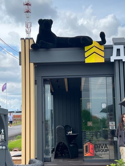 In Yakunino, Russia, a black plush panther sculpture is perched atop a modern building, its body stretched horizontally. Below the panther, a large yellow chevron-like symbol is visible. The building itself is dark grey with vertical siding and features large glass doors. A sign on the glass reads "DIVA GROUP" with smaller text below in Russian. To the right, a young woman wearing a grey jacket and light-colored pants stands with an umbrella. In the background, a telecommunications tower with red and white accents pierces the cloudy sky. A purple and red flag flies on a pole to the left. A man in a light blue shirt and dark shorts walks on a paved path in the distance, near some outdoor seating. The environment suggests an outdoor commercial or exhibition space.