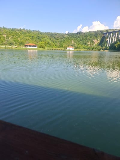 The image depicts a body of water with a wooden railing in the foreground, a verdant hillside dotted with trees in the background, and a clear blue sky with scattered clouds above. Two small, white buildings with orange roofs are situated on the shoreline. A modern concrete bridge with multiple supports spans the upper right portion of the scene, crossing over the hills. The water exhibits ripples and a distinct shadow line that divides it into darker and lighter shades. The location is identified as the lake near Pisanets, Bulgaria. There are no people visible in the image, and no actions or interactions are depicted.