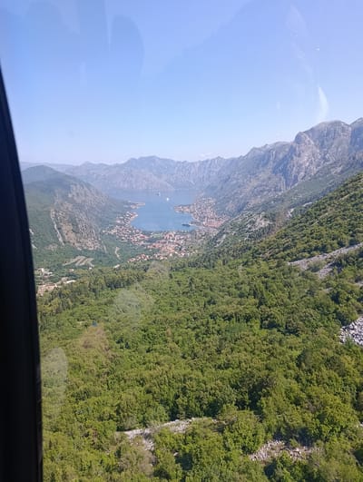 An aerial view captures the Bay of Kotor in Montenegro, a picturesque inlet fringed by dramatic, tree-covered mountains. A coastal town, likely Kotor, is nestled along the bay's edge, its buildings a mosaic of terracotta roofs. Winding roads snake up the steep hillsides, disappearing into the lush greenery. The water of the bay is a deep blue, dotted with a few boats. The sky above is a clear, bright blue. The image is taken from an elevated perspective, possibly from a drone or a high vantage point on the mountain.