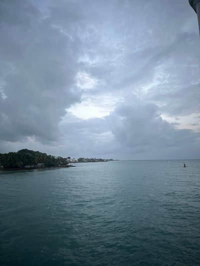 The image depicts a coastal scene with a body of water in the foreground, likely the ocean, with calm waves and a deep blue-green hue. The horizon is visible, separating the water from the sky. The sky is overcast with heavy, dark gray clouds, suggesting a stormy or twilight condition.
On the left side of the image, a lush green coastline extends into the water, featuring dense foliage and trees. Scattered along the coastline are buildings, appearing to be part of a settlement or town, with white structures and some darker roofs visible. A few rocky outcrops are present at the water's edge.
In the middle distance, a red and white buoy is floating on the water. A single person is visible standing on the shore near the buoy, facing towards the water.
The overall impression is one of a natural landscape combined with a coastal settlement, under a dramatic, cloudy sky. The location is described as Pointe-à-Pitre, France.