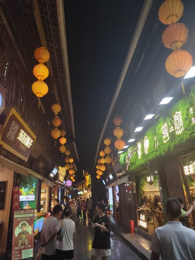 The image depicts a bustling street scene at night in the Wuhou District of China, likely a commercial or entertainment area. Traditional Chinese lanterns, primarily orange and yellow, are suspended overhead, illuminating the narrow street lined with buildings on both sides. These buildings feature wooden facades and illuminated signs, some with Chinese characters and others with modern neon lettering, including one sign with glowing green foliage and text.
Several people are visible walking along the street, some in small groups and others individually. They are dressed in casual attire. Some storefronts display goods, such as fruits or other merchandise. The ground appears to be paved, and there are reflections visible, suggesting it might be wet. The overall atmosphere is lively and vibrant, characteristic of a night market or a popular tourist destination.