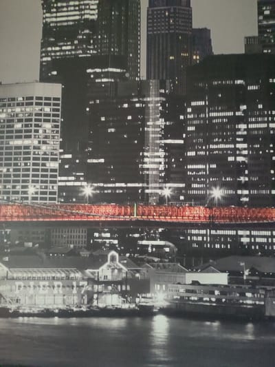 The image is a nighttime photograph of a city skyline, featuring numerous tall buildings with many illuminated windows. A prominent red bridge spans across the middle ground of the image. In the foreground, there is a waterfront with some buildings, one of which appears to be labeled "PIER 17". The water reflects the lights from the city. There are no people visible in the image. The image is not located in Sergiyev Posad, Russia; it appears to be a cityscape of a large metropolitan area.