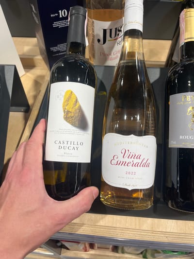 A person's hand is holding a bottle of white wine. The bottle has a white label with red lettering that says "Viña Esmeralda 2022 WINE FROM SPAIN" and also "MEDITERRANEAN". Another bottle of white wine with a label saying "CASTILLO DUCAY Blanco MACABEO CHARDONNAY" is visible below it. Above these two bottles, a bottle of red wine with a label that has "PET" and "ROUGE" written on it. The background shows a shelf with more bottles, and some wooden slats. The lighting suggests an indoor setting, possibly a store or cellar. The text "АКЦИЗЫ", "ИМПОРТ" and "11%vol." is also visible on the labels, along with "ՏԱՐԻ 10" and "Араратской доли". The location context states Navahrudak, Belarus.