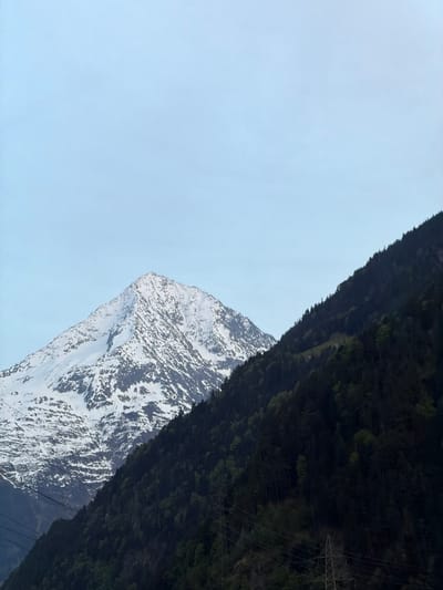The image presents a dramatic mountainous landscape, likely situated in Erstfeld, Switzerland. The upper-left and mid-right sections of the frame are filled with a clear, pale blue sky.
A heavily forested mountain dominates the upper part of the scene, covered in dense, dark evergreen trees that appear almost black due to deep shadow or their inherent density. This mountain forms a steep diagonal line, dividing the top of the frame from the sky below. Faint power lines are visible, stretching across the dark, forested slopes, hinting at human development within the natural environment.
Further down and to the mid-right, a rugged, snow-capped mountain peak emerges against the pale sky. Its rocky surface is distinctly textured, covered in patches of bright white snow, offering a stark contrast to the dark, forested mountain.
The composition is marked by strong diagonal elements created by the converging mountain lines and the expanse of the sky. The lighting indicates daytime, possibly under an overcast sky, which contributes to the diffuse illumination and deep shadows. No people or specific activities are depicted, making it a static landscape scene. There is no visible text in the image.