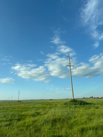 An outdoor, eye-level, vertical shot captures a vast, green field under a bright blue sky with scattered white clouds. In the foreground, tall green grass sways gently. A tall, light-colored utility pole stands prominently in the right-middle ground, supporting wires that stretch diagonally across the sky. Several other utility poles are visible in the distance, receding into the horizon, creating a sense of depth. A distant village or settlement is faintly visible on the horizon to the right, with houses and trees. The lighting suggests it is daytime, likely late afternoon, with a clear and serene atmosphere. The image does not depict any people or animals. The location is identified as the city of Butyrki, Russia.