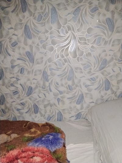 The image shows a close-up of a wall with a patterned wallpaper that has a swirling, floral design in white and light blue with subtle glitter accents. In the lower left corner, a portion of a textured rug or blanket is visible, featuring colors of brown, blue, and red. To the right, a white pillow or bedsheet is seen. The scene appears to be indoors, likely in a bedroom. There are no people or animals present in the image. There is no information available about the location in the city of Otradnoye, Russia.