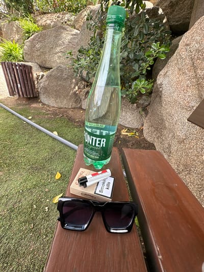 An outdoor scene features a wooden bench with several items placed on it. To the left, a green plastic bottle of Monter Original mineral water lies horizontally, its label partially visible with text including "MONTER Original" and "mineral natural." Next to the bottle, a pack of Camel cigarettes is partially obscured by a pair of black sunglasses. A white lighter with red accents rests on top of the cigarette pack. The bench itself is made of dark wood and appears weathered.
The background consists of large, grey rocks and lush green foliage, suggesting a natural setting. The ground is covered in green artificial turf, with a few scattered yellow leaves. A grey pole runs diagonally across the grass. The scene is illuminated by natural light, indicating it is daytime. The overall impression is a casual, possibly resting spot in a park or outdoor area. The text on the cigarette pack includes a warning: "Smokin kills." The orientation of the image is such that the bottle and sunglasses are oriented from left to right at a downward angle, while the cigarette pack and lighter are positioned slightly above and to the right of the bottle.