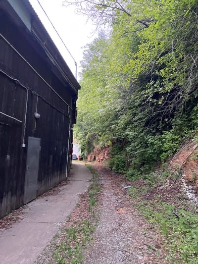 This media file captures an outdoor scene of a building's side and a dirt path. The building, made of dark wooden planks, has a corrugated metal roof and is lined with various wires and conduits. A gray metal door is visible on the side of the building. To the right of the building, a concrete path is laid out, bordered by a gravel and leaf-strewn embankment covered in green foliage. Dense green trees and branches overhang the path and the building, creating a shaded environment. The overall setting appears to be a somewhat overgrown, utilitarian area, possibly a backyard or an industrial space. The lighting suggests it is daytime, with overcast skies. There is no visible text in the image.