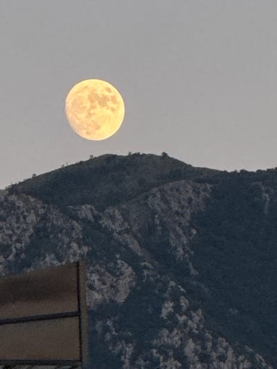 A full moon, tinged with yellow and showing visible craters, hangs in a pale grey sky above a dark, rugged mountain range. The mountains are covered in trees and rocky outcrops. In the foreground, a blurred, dark brown structure with horizontal lines suggests a railing or fence. The scene appears to be captured from a vantage point looking towards the mountains. The specific location in Trap, Montenegro is not discernible from the image itself.